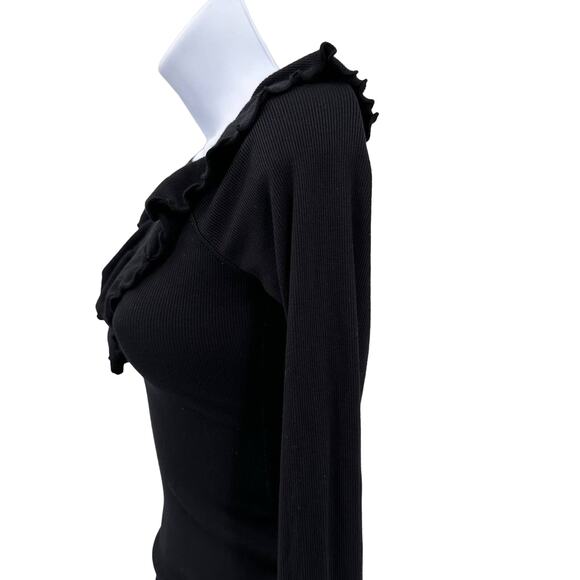Wilfred Aritzia Long Sleeve Ribbed Ruffled Deep V-Neck Bodysuit XS Black Tank - Picture 4 of 7